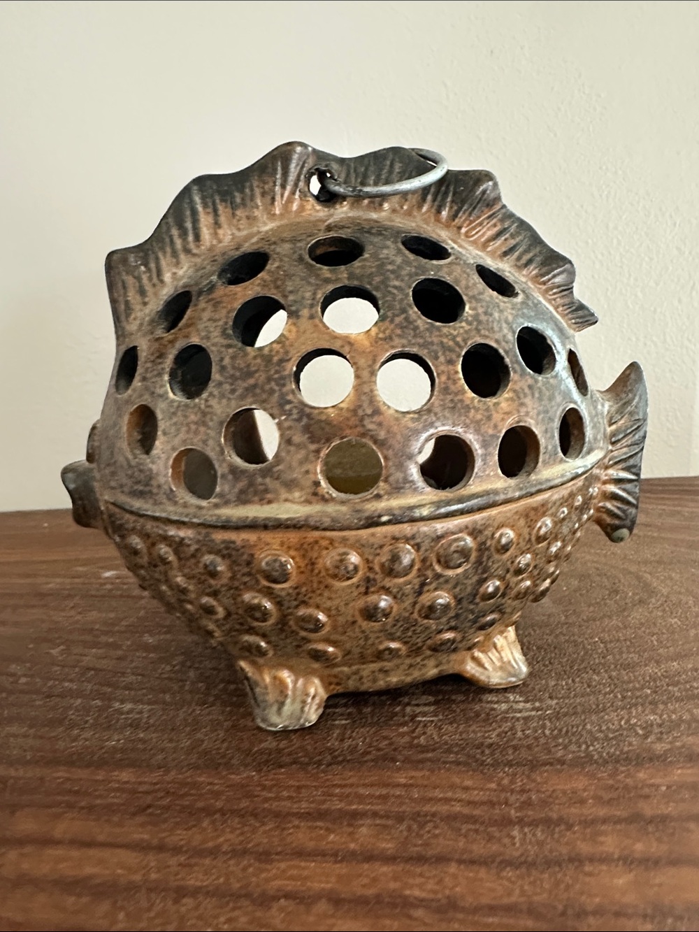 Vintage Ceramic Puffer Fish Tea Light Holder - Brown Speckled